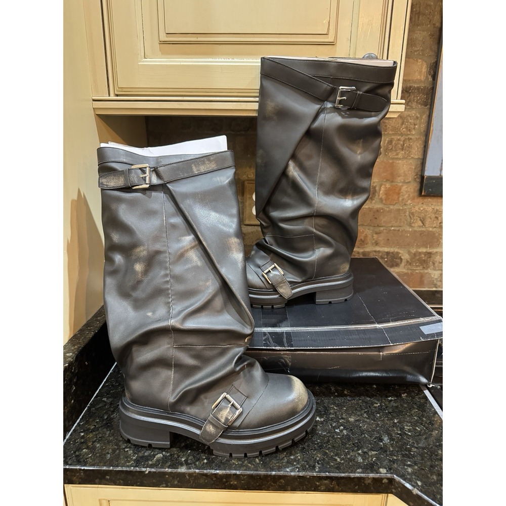 Madden Girl Women's Restore Knee-High Slouchy Lug-Sole Moto Boots Taupe Size 8.5 - Picture 2 of 8